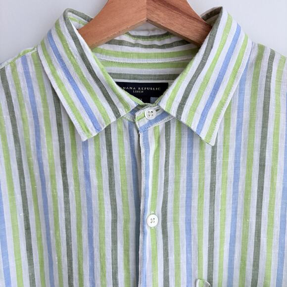 Banana Republic 100% Linen Striped Button Front Shirt Long Sleeve Green Blue L - Picture 3 of 13